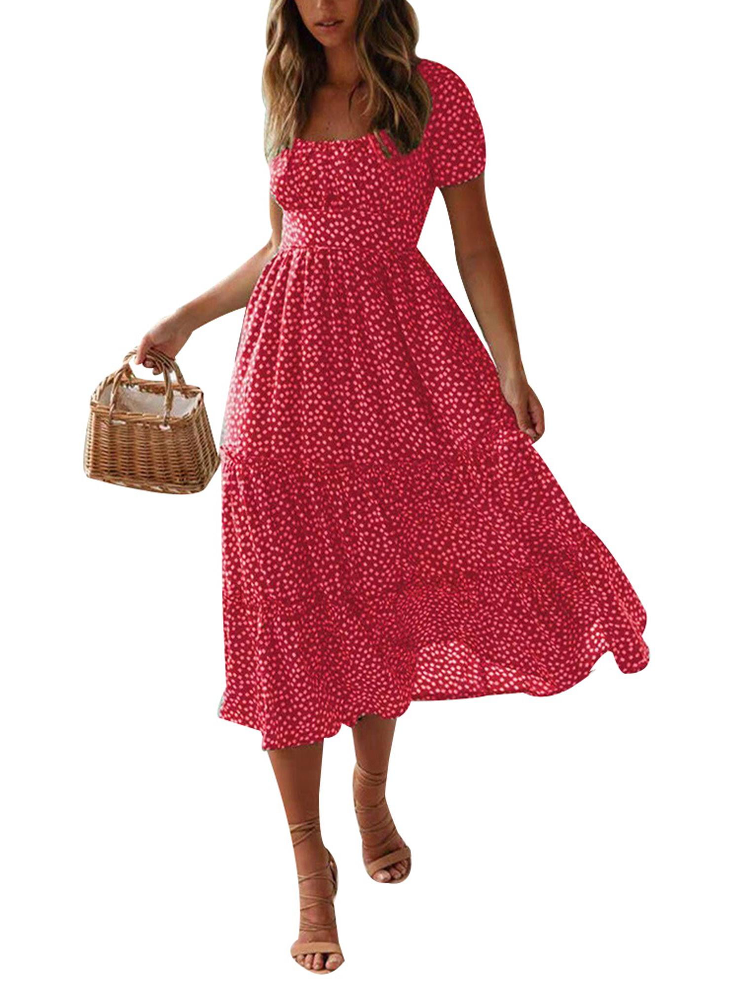 LOMON Vintage Dresses for Women Ruffle Polka Loose Fitting Summer Dress Half Sleeve 