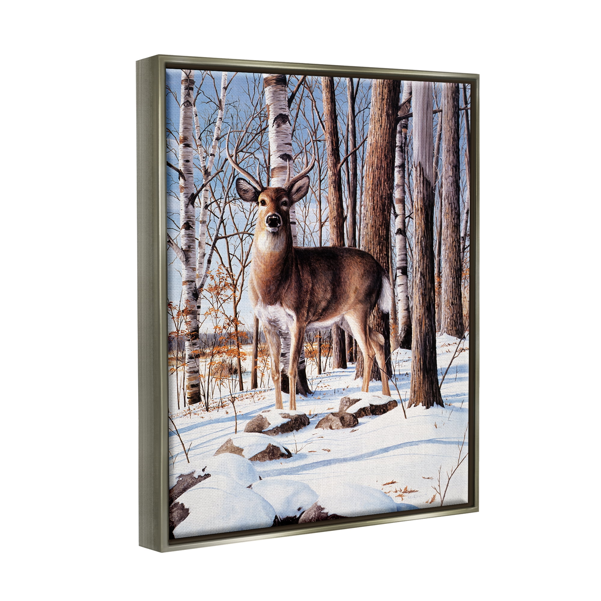 Stupell Industries Deer in Snowy Forest Landscape Animals & Insects Painting Gray Floater Framed Art Print Wall Art, 17 x 21