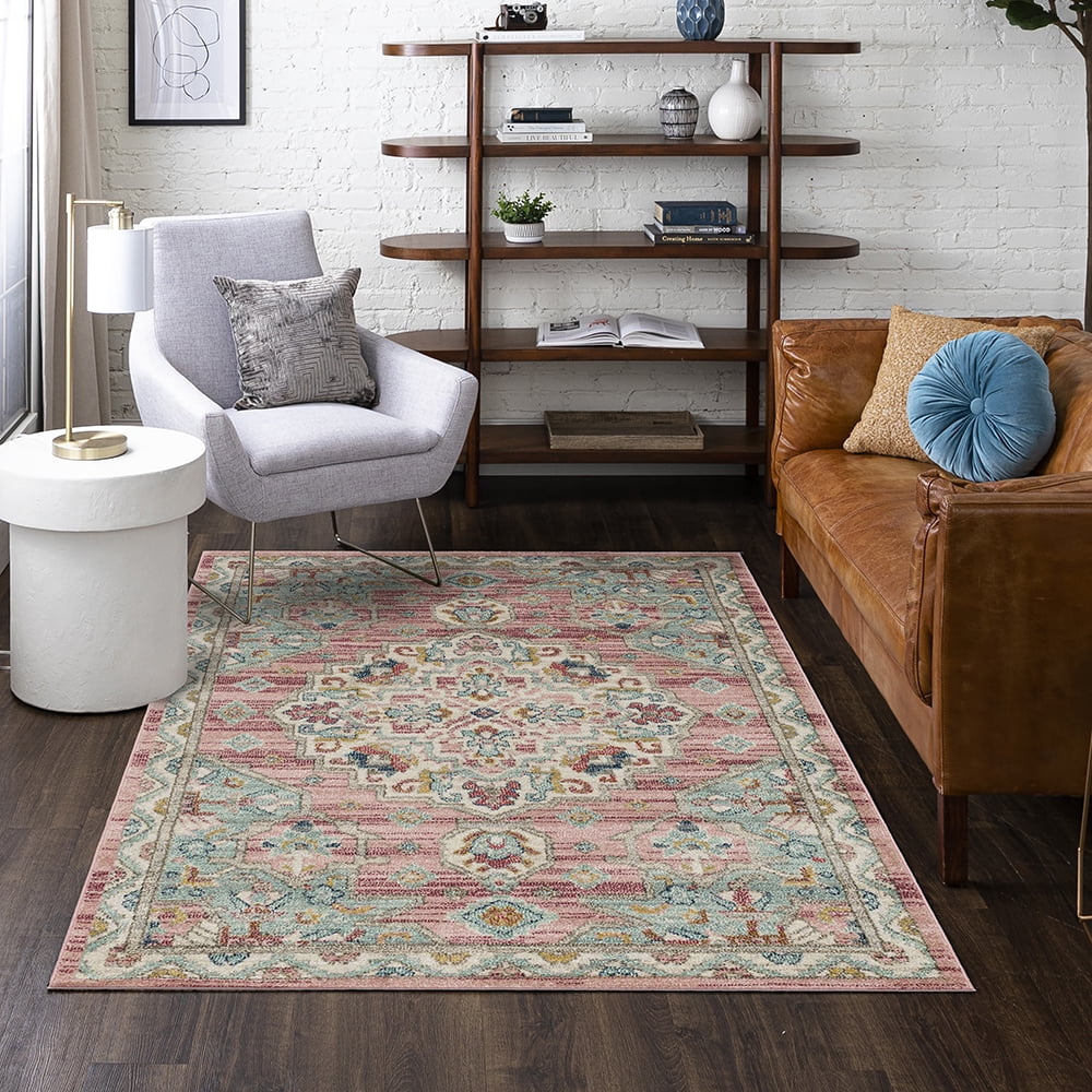 Mohawk Home Catalan Low Pile Latex Backed Stain and Fade Resistant Geometric Pink Indoor Area Rug, 3'11" X 6'