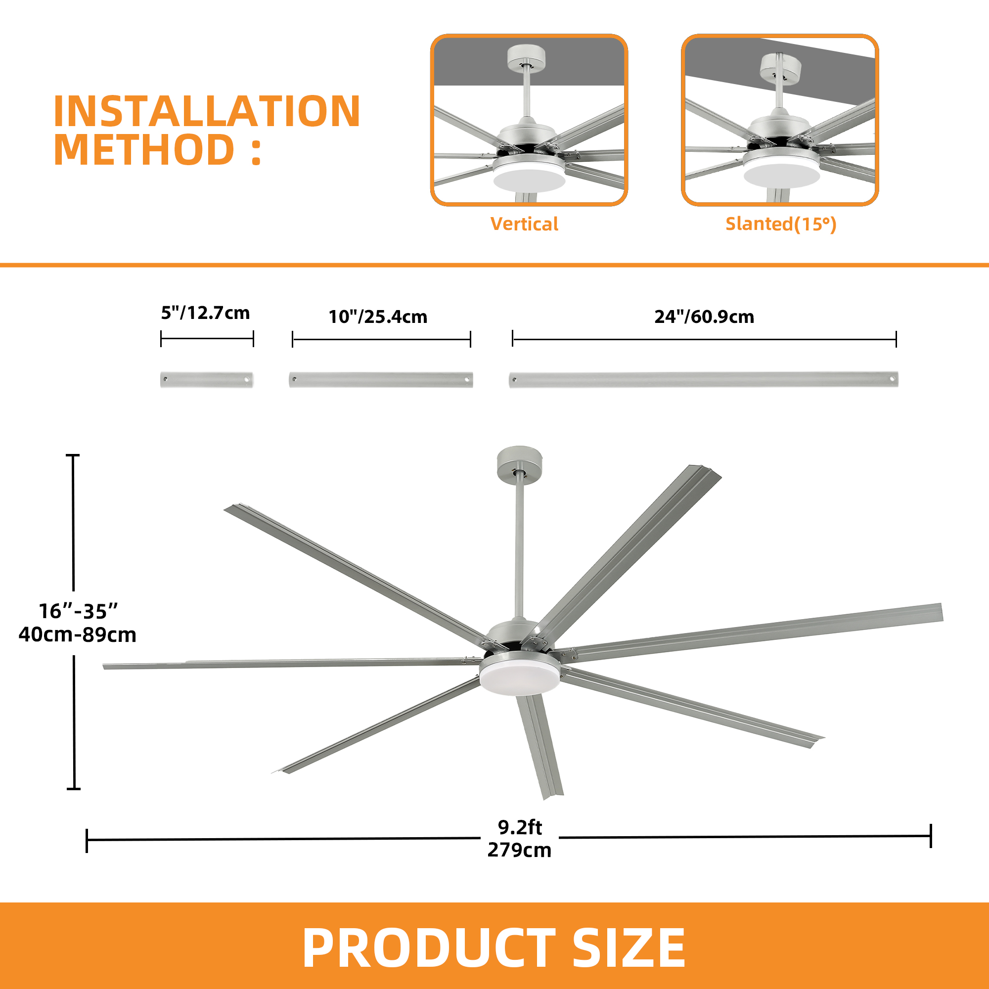 Craftian 96 Inch Ceiling Fan with Lights and Remote Control, Large Industrial Ceiling Fan with 6-Speed,7 Aluminum Blades - Silver
