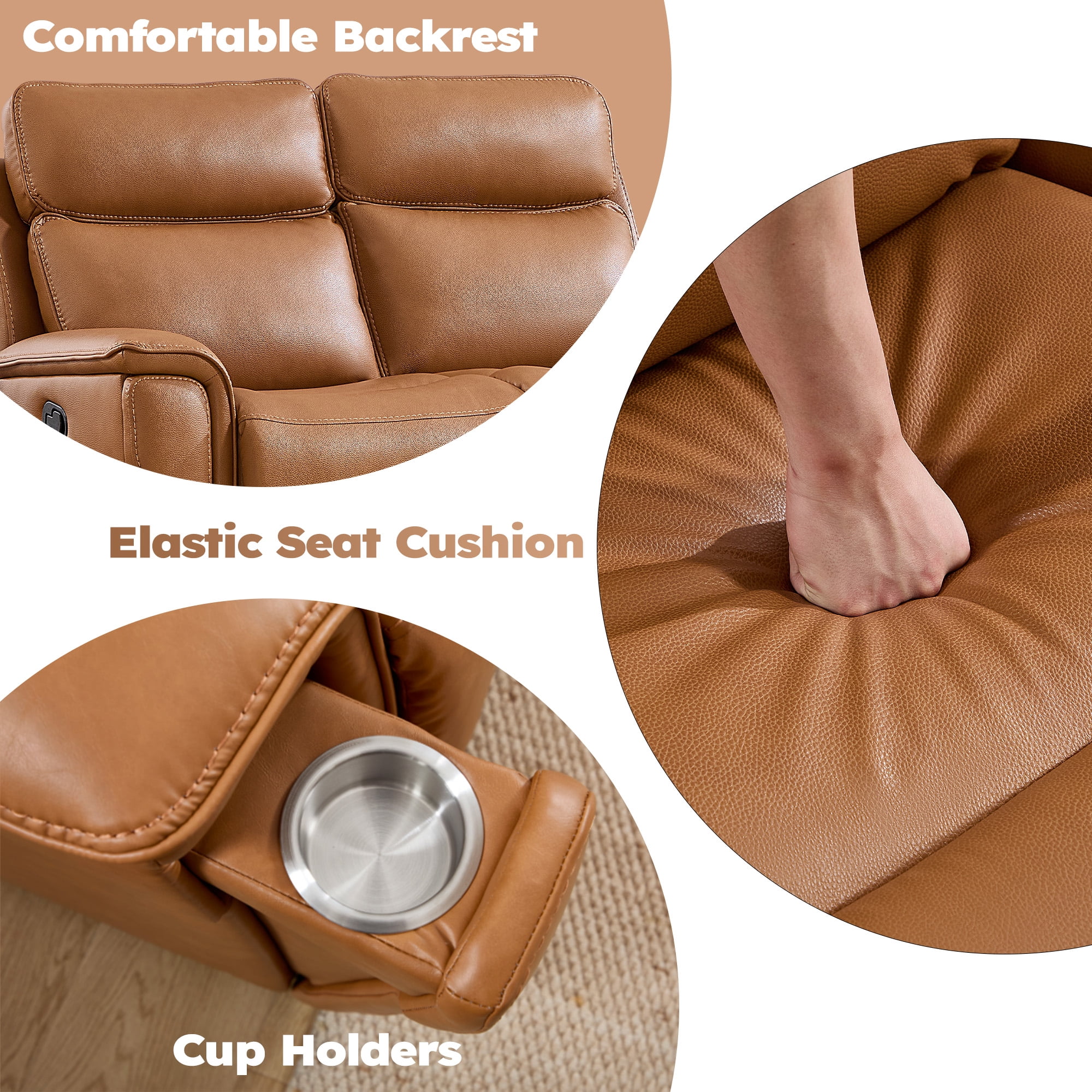 Ebello 2-Seater PU Leather Manual Recliner Sofa - Wall Hugger Loveseat with Hidden Cup Holder, Overstuffed Arms and Back, Reclining Couch for Small Spaces, Brown