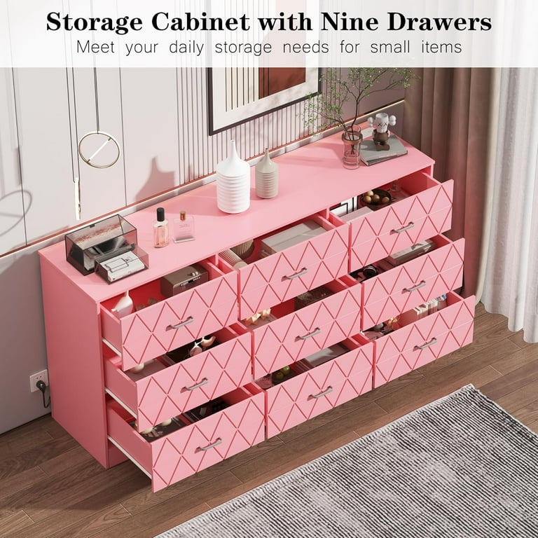 pink 9 drawer dresser 9 Drawer Dresser for Bedroom with Power Outlet,63'' Modern Wooden Chest of  Drawers for Living Room,Hallway,Bedroom,Pink