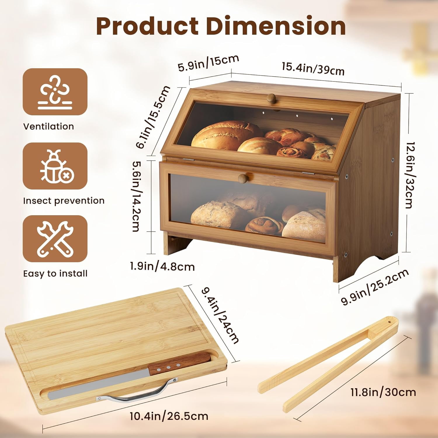 Double Layer Bamboo Bread Box for Kitchen Countertop, Large Capacity, Cutting Board, Stainless Steel Bread Knife, Double Layer Storage Container with Clear Windows, Walnut