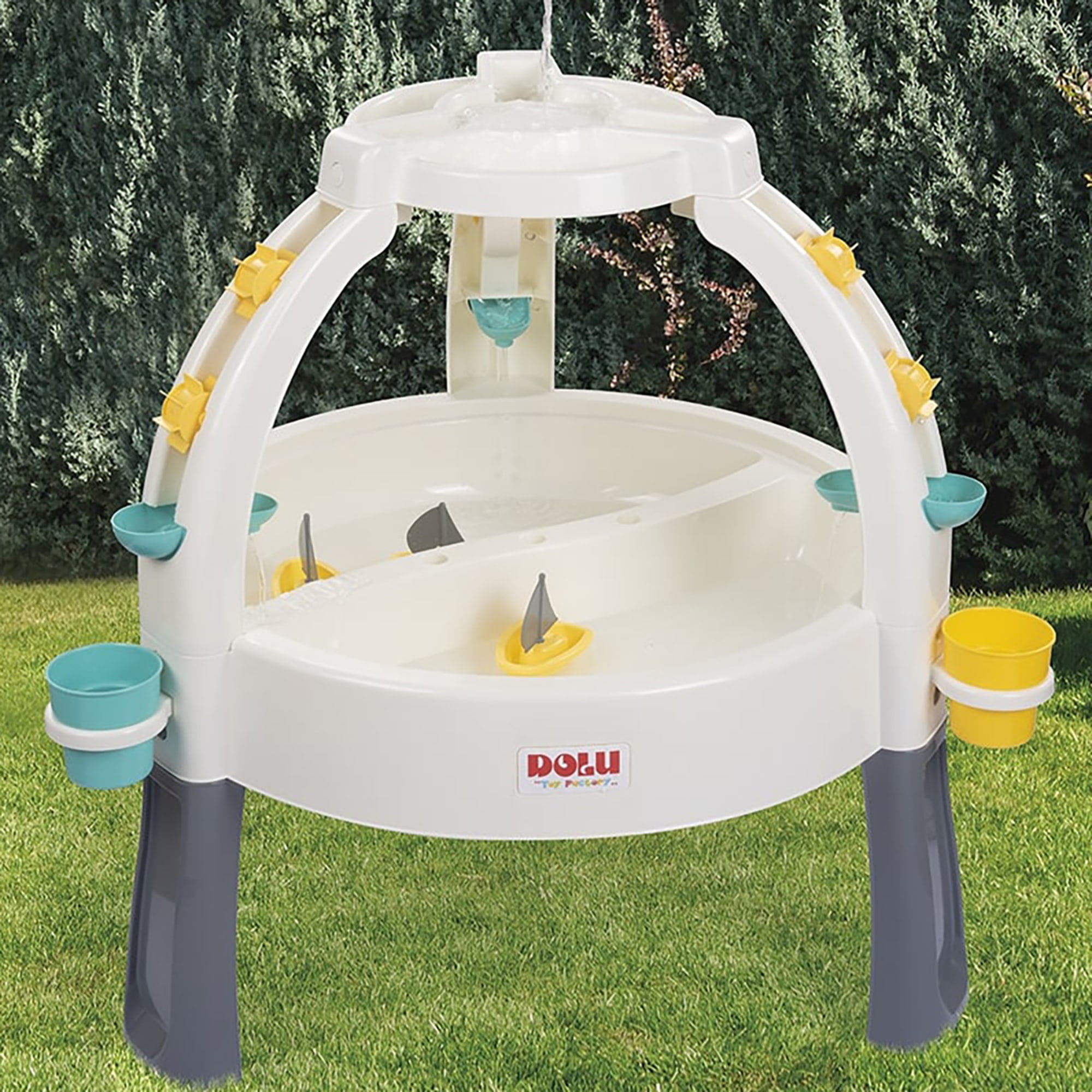 Dolu: Fun Fountain Water Table: White, Green, Yellow - Sand & Water Activity Table, Indoor/Outdoor, Durable Plastic, Sensory Toy, Toddler Kids Ages 2+