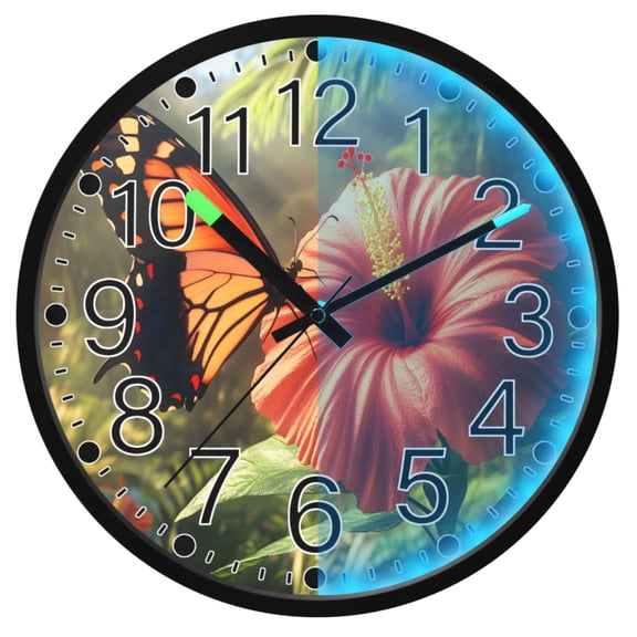 Ryvnso Butterfly on Flowers 12 Inch Night Light Wall Clock Silent Battery Operated Luminous Clocks