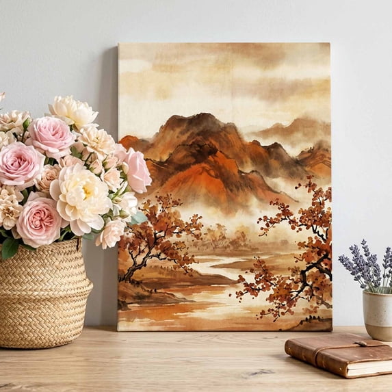 Canvas Wall Art, Fall Mountains Framed Canvas Prints for Bathroom Hallway, Burnt Orange Vintage Country River Valley Small Gallery Wrapped Wall Decor for Home Office, Gifts, 8"x10" Ship Next Day