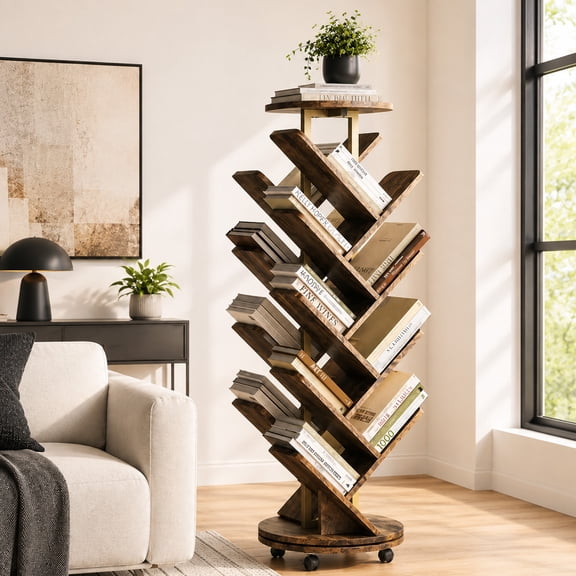 HOMRELEXA 17-Tier Tree Bookshelf, 360° Rotating Bookcase with Wheels, Freestanding Storage Organizer for Home Office and Living Room, Brown
