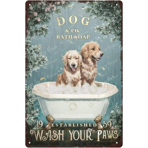 Funny Dog Decor Vintage Bathroom and Bathtub Metal Tin Sign Golden Retriever Art, Golden Retriever Gifts for Golden Retriever Lovers, Dog Lover Metal Sign, Kid's Bathroom Decor 12x8 IN