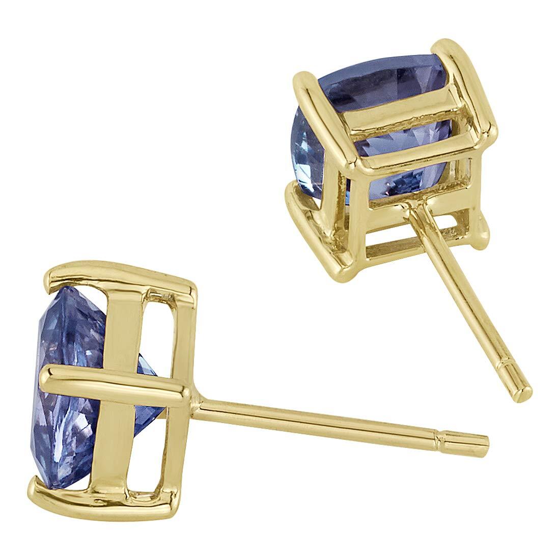 Peora Solid 14K Yellow Gold Tanzanite Stud Earrings for Women, Genuine Gemstone Solitaire, AAA Grade Cushion Cut 6mm, 2 Carats total, Friction Back