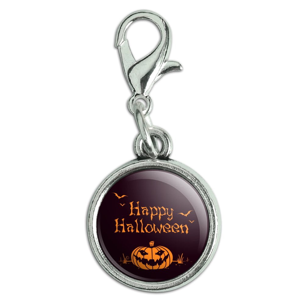 Happy Halloween Holiday Pumpkin Jack-o-lantern Bats Antiqued Bracelet Pendant Zipper Pull Charm with Lobster Clasp
