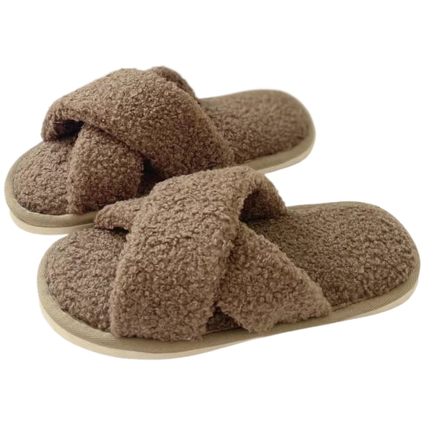 Zapatillas de casa con correa cruzada cómodas cálidas y esponjosas con puntera abierta para interiores y exteriores suela antideslizante para mujeres