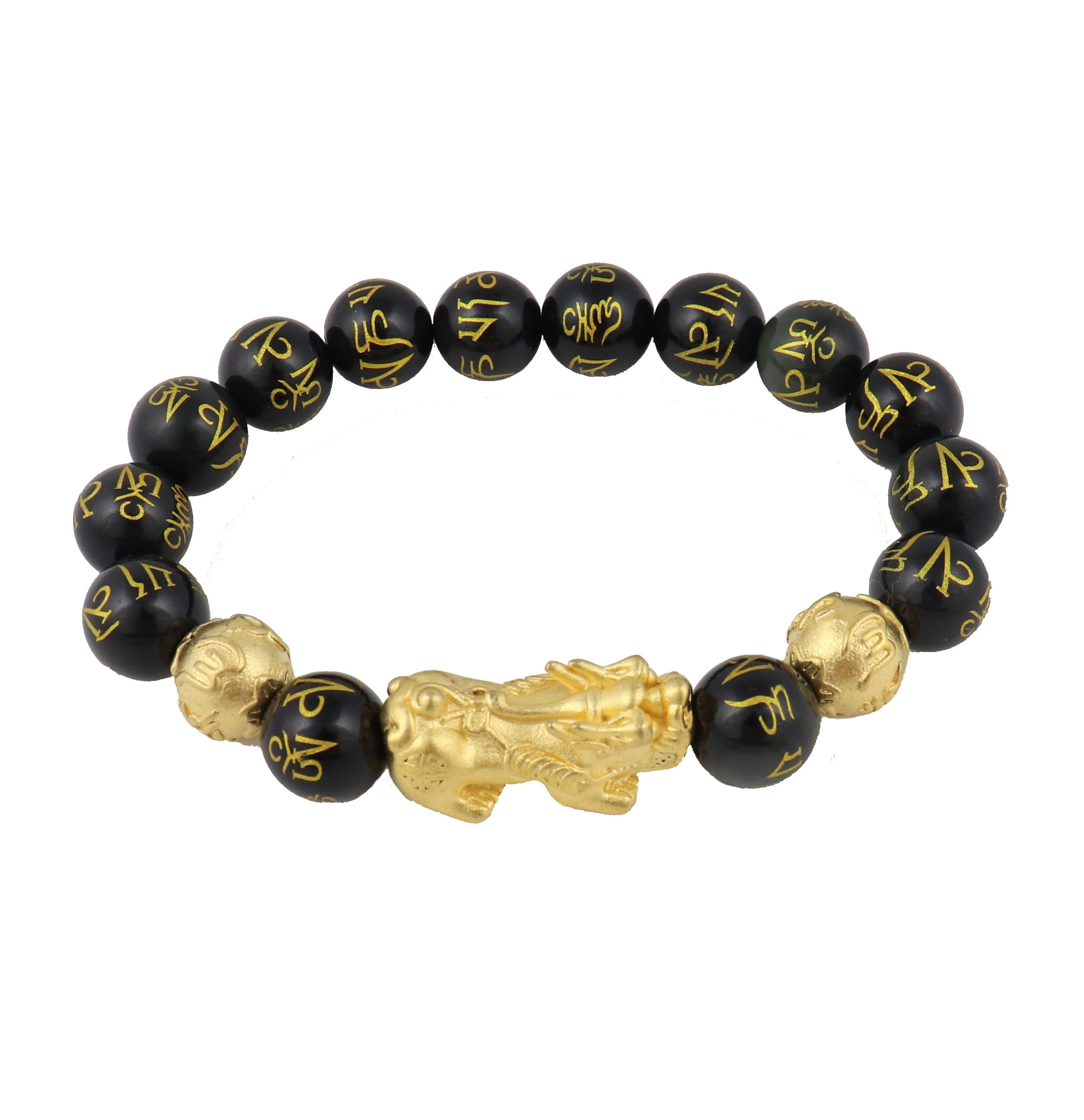 12mm Genuine Feng Shui Black Obsidian Mantra Beaded Bracelet with Gold