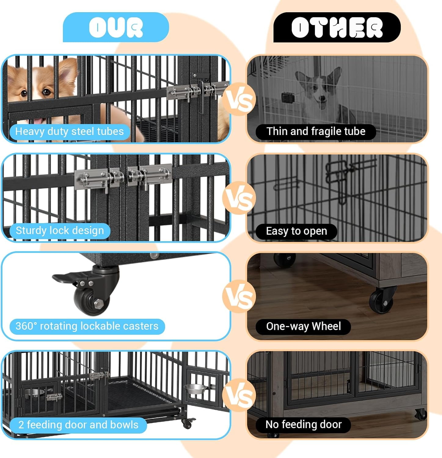 Acekid Heavy Duty Dog Crate 42 Inch&nbsp;- Indestructible Escape-Proof Metal Dog Kennel, Furniture Style Pet Cage for Large/Medium/Small Dogs, Sliding Rail Design, Indoor & Outdoor Use