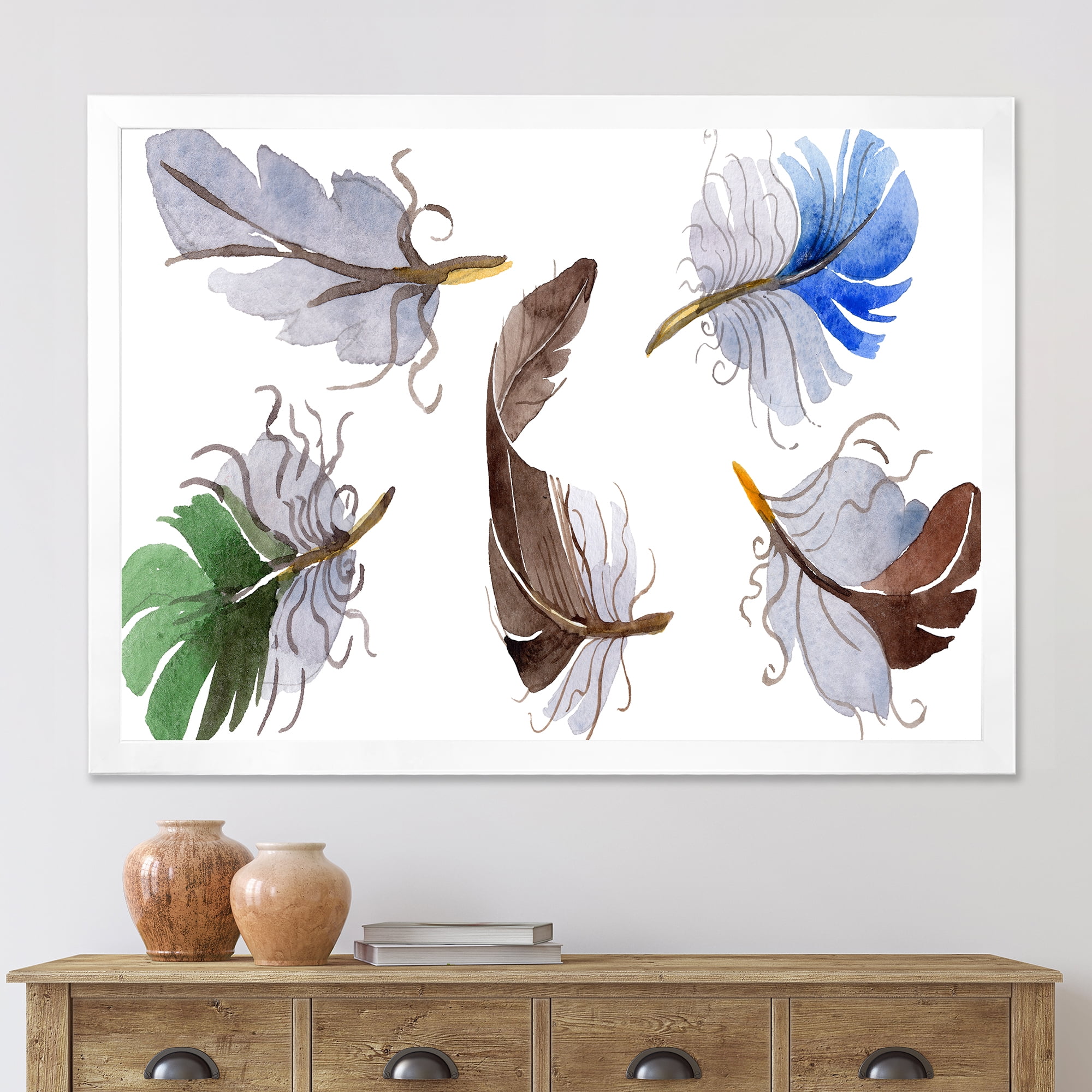 Designart 'Colourful Boho Feather Set On White IV' Bohemian & Eclectic Framed Art Print