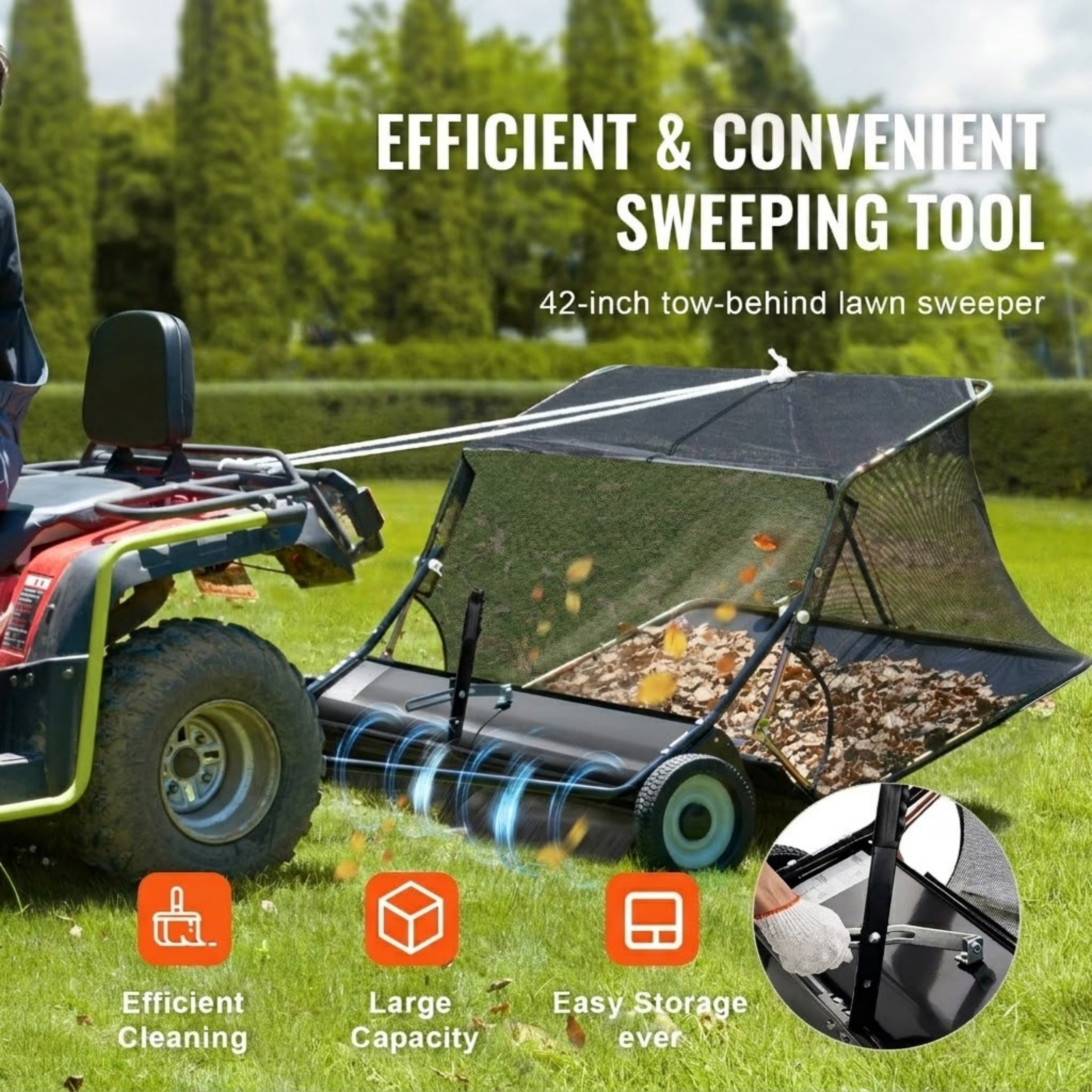 42-Inch 12 cu.ft. Tow Behind Lawn Sweeper, Heavy Duty Leaf and Grass Collector with Dumping Rope & Adjustable Height