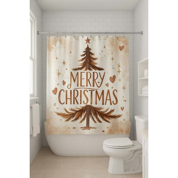 Rustic Merry Christmas Shower Curtain, Farmhouse Holiday Bathroom Decor Neutral Christmas Tree Shower Curtain, Winter Bathroom Decoration, Farmhouse Bath Curtain
