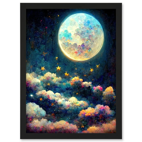 Dreamy Night Sky Moon Stars Colourful Clouds Kids Cute Artwork Framed Wall Art Print A4
