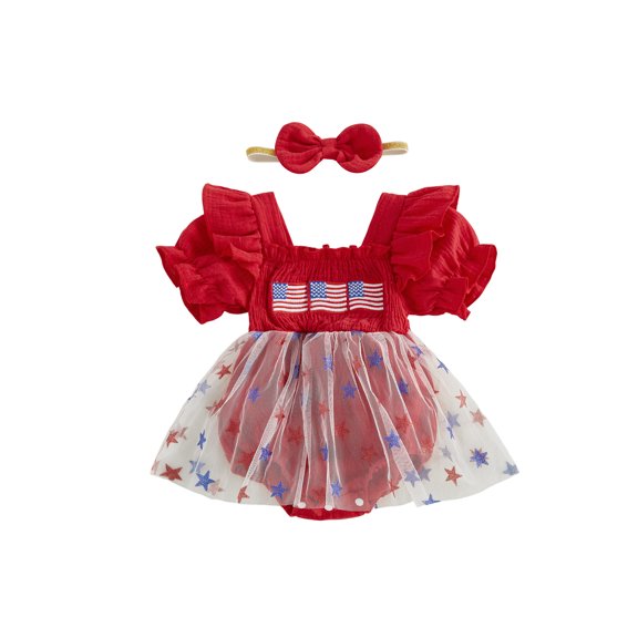BemeyourBBs Newborn Baby Girl 4th of July Romper Dress Baby Girl Patriotic Smocked Dress Fourth of July Outfit American Flag Embroidery PuffShort Sleeve Star Print Tulle Tutu Dress with Headband