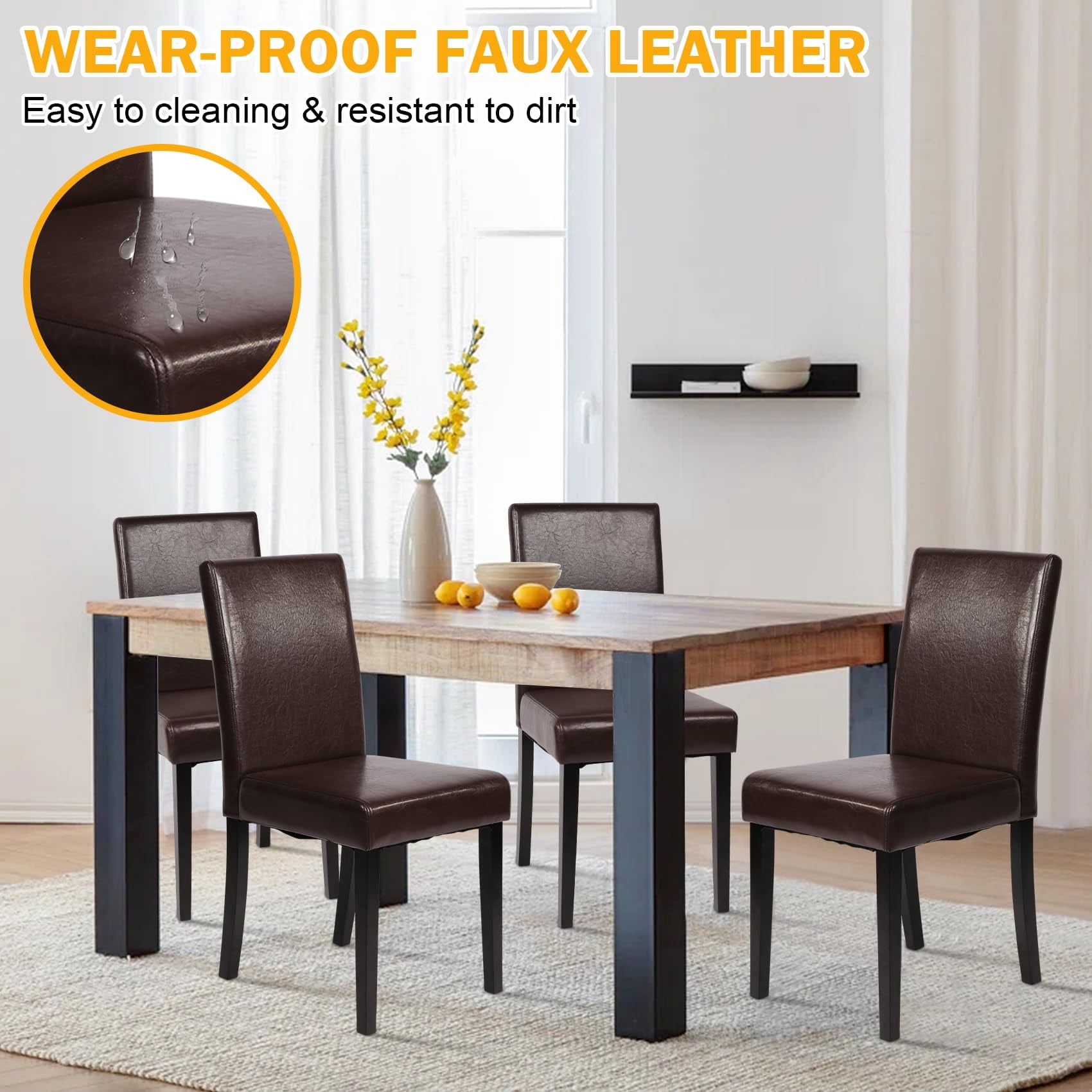 NiamVelo Dining Chairs Set of 4 PU Leather Dining Room Chairs with Waterproof Surface and Wood Legs for Kitchen Restaurant and Living Room,Brown