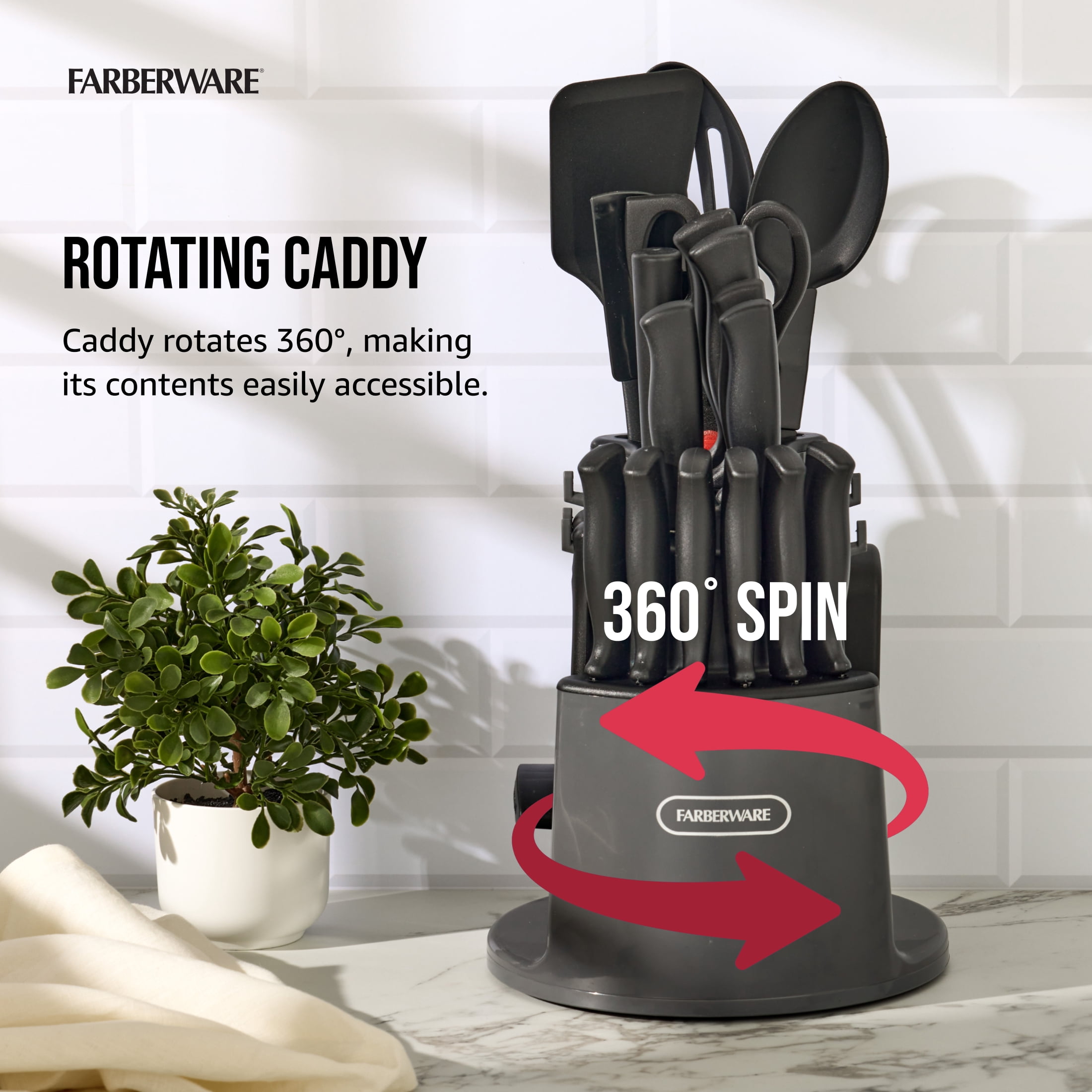 Farberware Classic 30-Piece Spin-N-Store Rotating Carousel Stainless Steel Knife Set & Tool Set Gray