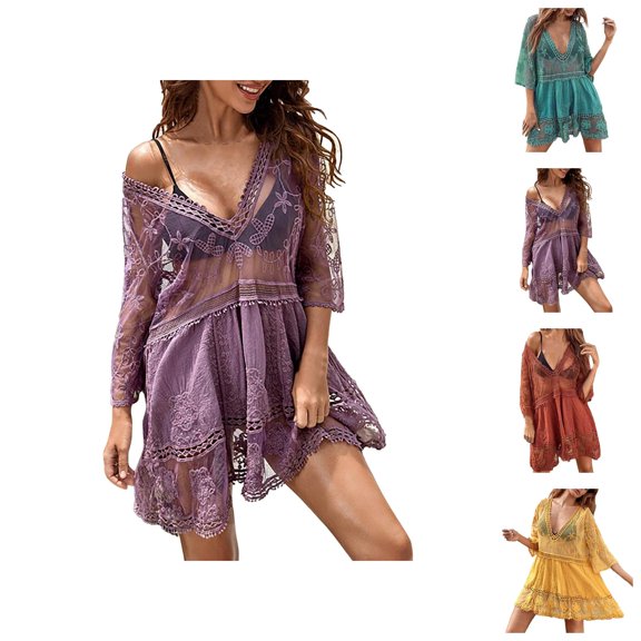 Womens Swim Cover Up Beach Cover Ups for Women Classification Swimwear Cover Ups | Sunscreen Shirt Lace Loose Beach Holiday Blouse Skirt Bikini Coat Swimsuit Woman