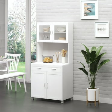 HOMCOM 67" Pantry Cabinet, Modern Kitchen Hutch, Freestanding Storage Cabinet with Glass Doors, Adjustable Shelves and Drawers, White