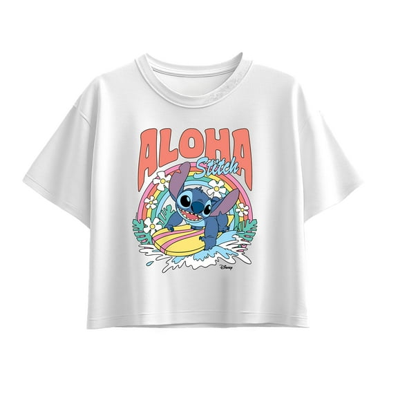 Disney - Aloha Stitch Rainbow Surf - Youth Girl Short Sleeve Boxy Tee