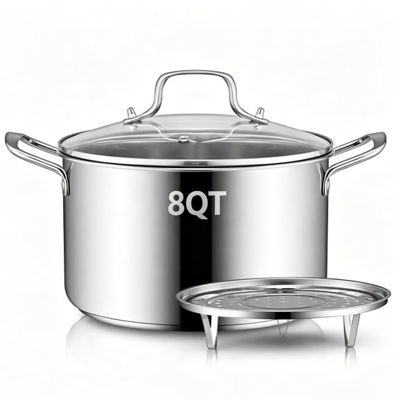 Stainless Steel Stock Pot with Steamer Rack - 8 Quart Heavy Duty Induction Cooking Pot, Nonstick Thick Bottom Soup Pot with Visible Lid for Pasta, Soup, Canning, Boiling, Simmer