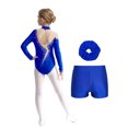 thumbnail image 2 of TiaoBug Kids Girls Long Sleeve Gymnastics Leotard with Shorts Hair Scrunchies Set Dance Biketard B Royal Blue 14, 2 of 7