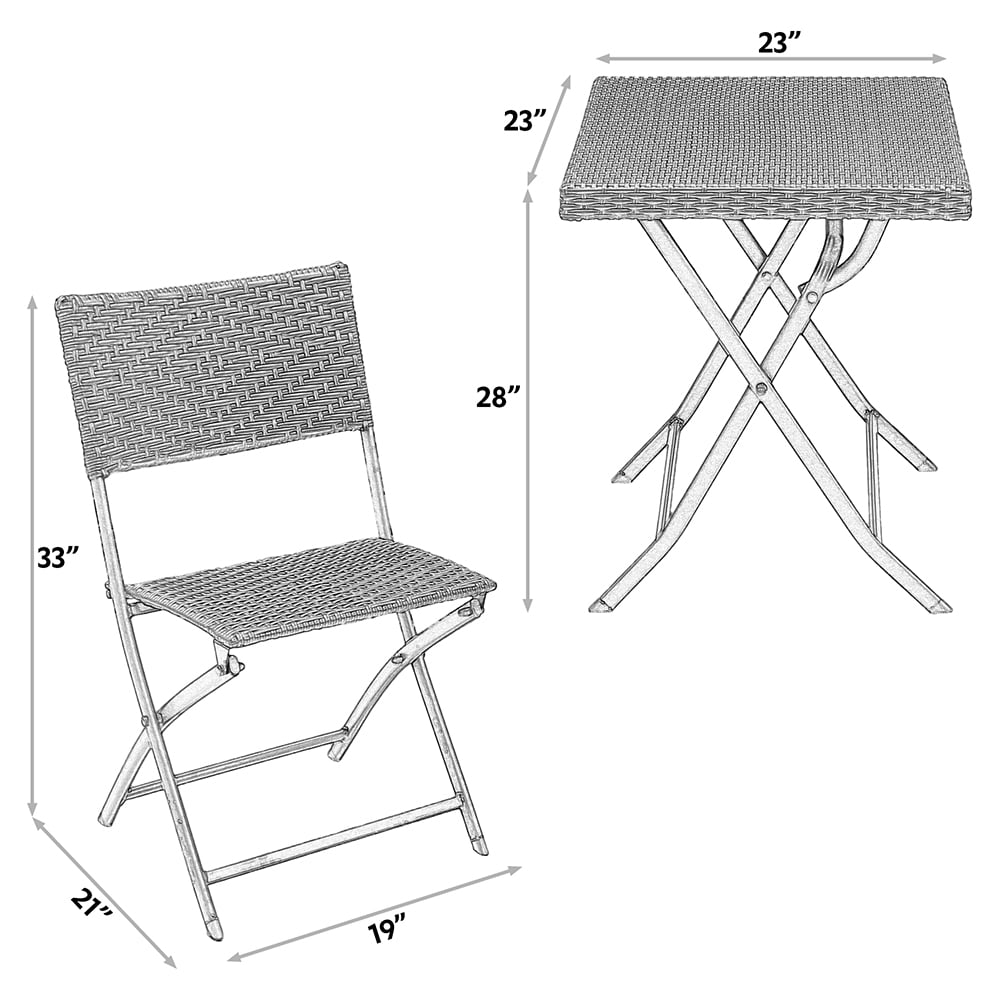 Abble 3pcs Outdoor Wicker Folding Set Patio Folding Chairs and Table Set for Garden - Gray