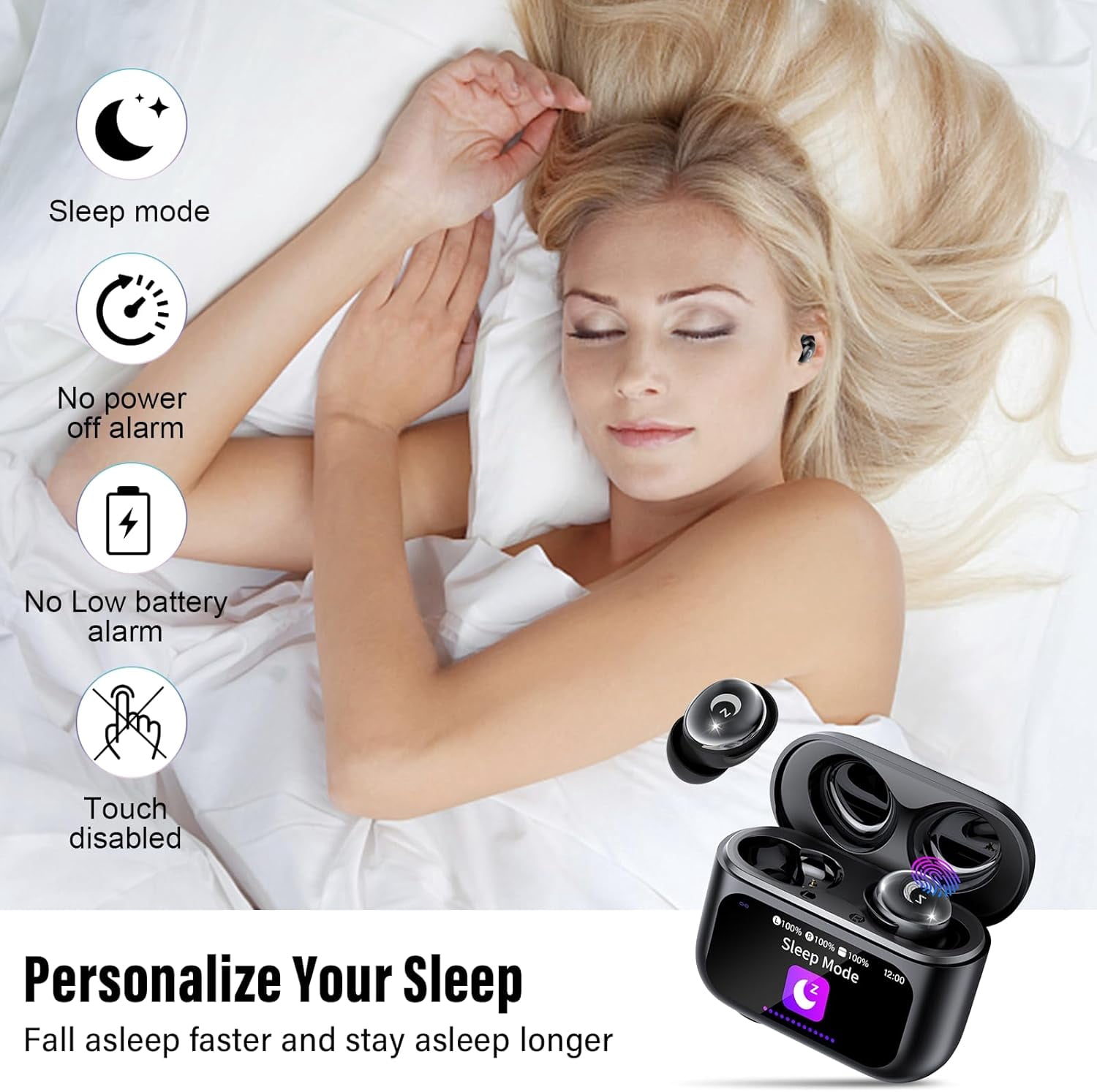 Sleep Earbuds Bluetooth 5.4 in Ear Smart Touch Screen Headphones, 48H Noise Cancelling Ear Buds with 5 EQ Modes, Mini Wireless Headphones Small Design for Side Sleepers, Clear Calls Earphones, IPX7