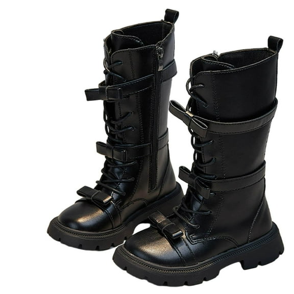 Mwjwdo Girls' Mid Calf Boots Children's Casual Fashion Footwear Soft Leather High Top Stylish Princess Boots Winter Wear for Little Kids and Big Kids Black 34
