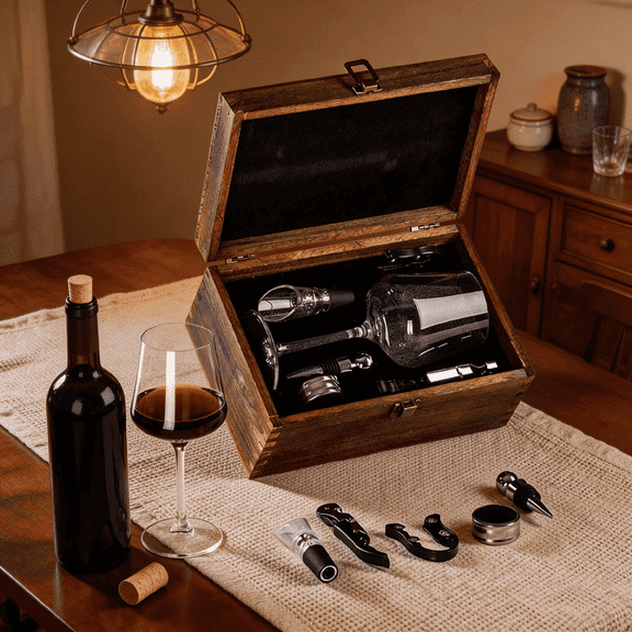 Luxury Wooden Wine Gift Set with Crystal Wine Glass - 6-Piece Professional Wine Opener Kit Including Aerator Pourer, Foil Cutter, Stopper & Drip Ring - Elegant Birthday & Wedding Gift for Wine Lovers