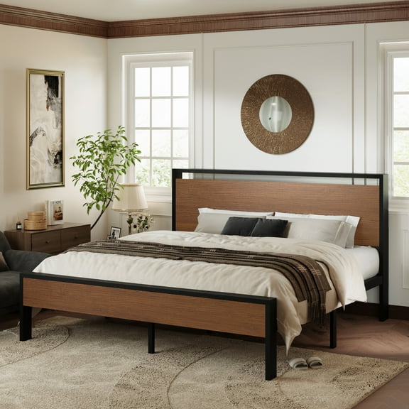 Allewie King Size Bed Frame, Heavy Duty Metal Platform Bed with Wooden Headboard & Footboard, No Box Spring Needed, Walnut