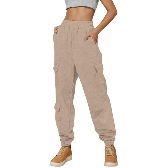 VNKIDY Women's Casual Pants Solid Color Loose Fit Cargo Sweatpants Elastic Waisted Drawstring Trousers With Multiple Pockets For Streetwear Casual Style Stylish Pants