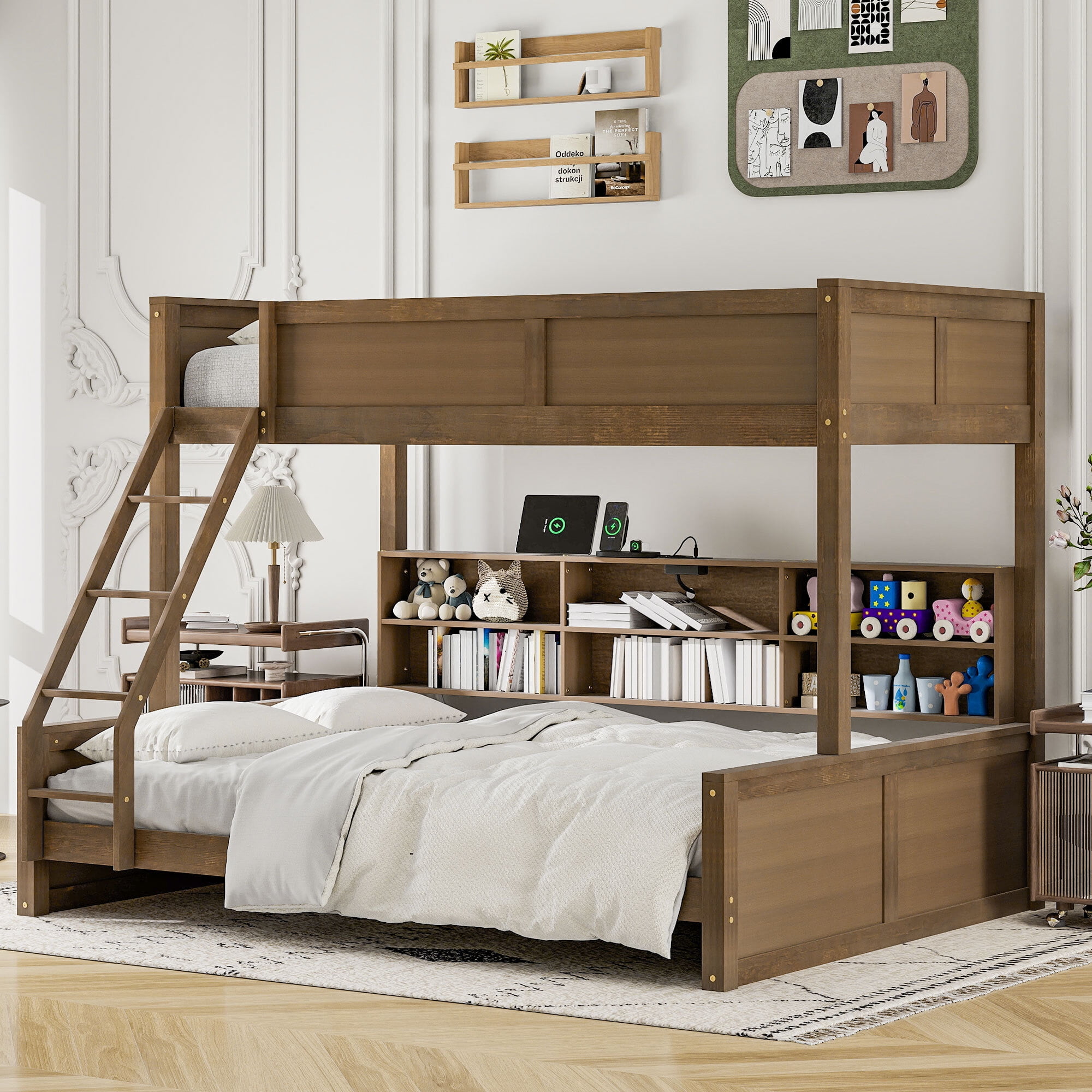Euroco Twin XL over Queen Bunk Bed with Functional Cabinet and USB Charging Station for Kids Teens, Wood