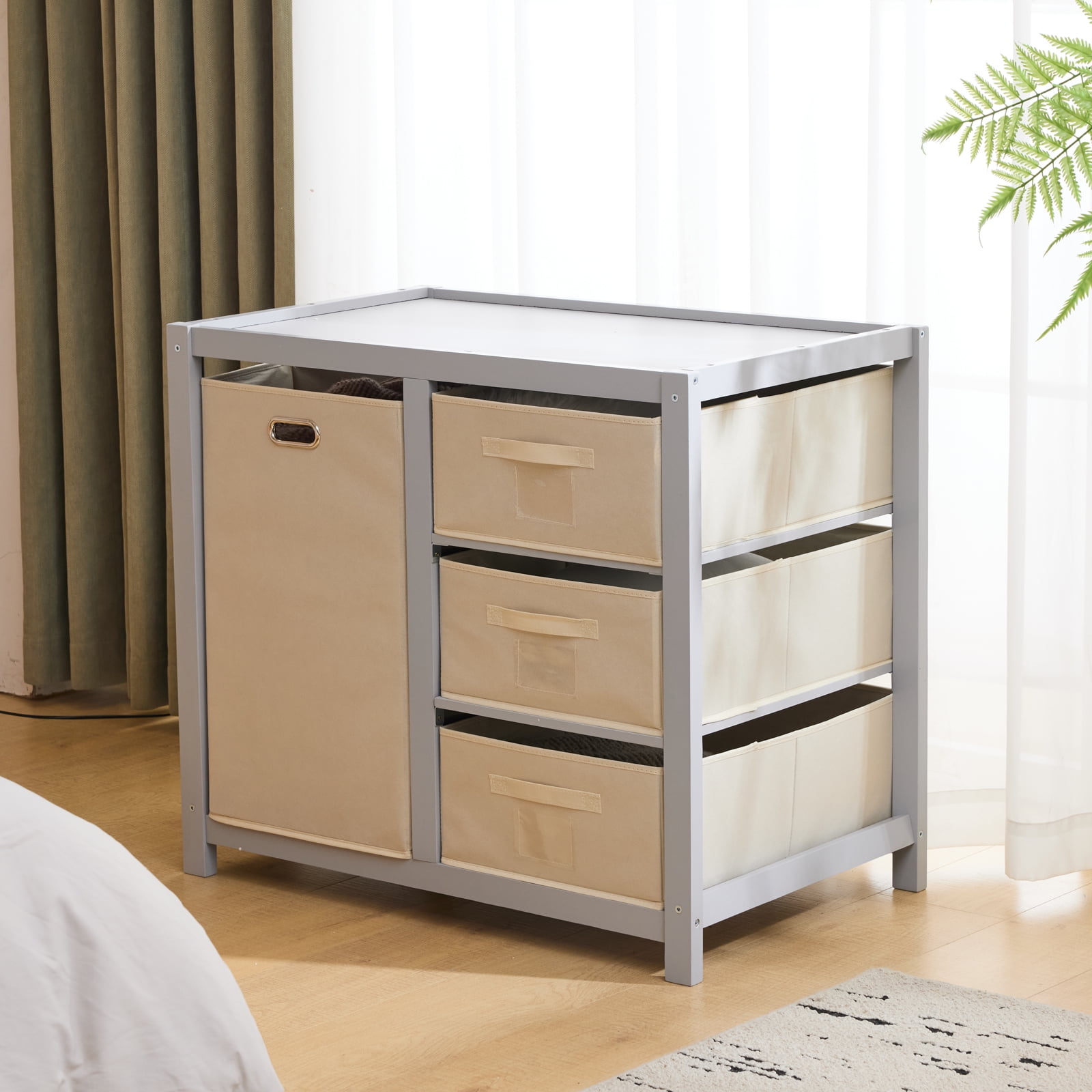 Zimtown Baby Changing Table,Dresser Baby Diaper Changing Station with Laundry Hamper,Infant Nursing Table with 3 Storage Drawers,Removable Safety Rail & Strap for Bedroom,Gray