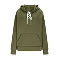 thumbnail image 3 of Htigea Womens Lace Up Hoodies Thin Fleece V-Neck Hooded Sweatshirts Casual Loose Fit Pullover Tunic Tops with Pocket Army Green S, 3 of 6
