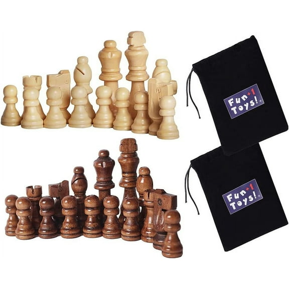 Fun 1 Toys! Wooden Chess Pieces Only with Storage Bags - Staunton Style Wood Chess Pieces for Indoor/Outdoor Chess Tournament. Compatible with Any Chess Set, Contains King, Queen and Other Chessmens