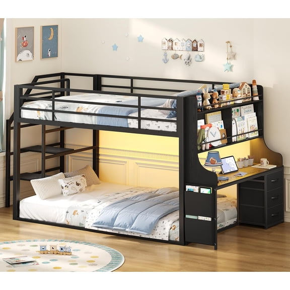 Toogaho Twin over Twin Bunk Bed with Desk & Wide Staircase,Led Metal Low Bunk Bed Frame with Storage & Charging Station & Bookshelf,Black