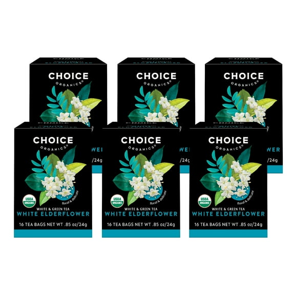 Choice Organics White Elderflower Tea, Contains Caffeine, Green Tea Bags, 6 Boxes of 16