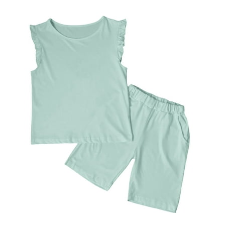 

Outfits for Teens Sleeveless Solid T-Shirt Ruffles Vest Shorts 2Pcs Cute Casual Style Suits for Kids