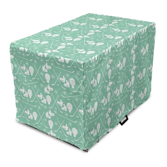 Ice Skates Dog Crate Cover, Pattern of Goalkeeper Hockey Stick Snowflakes Sports Equipment, Easy to Use Pet Kennel Cover Small Dogs Puppies Kittens, 7 Sizes, Peacock Green and White, by Ambesonne