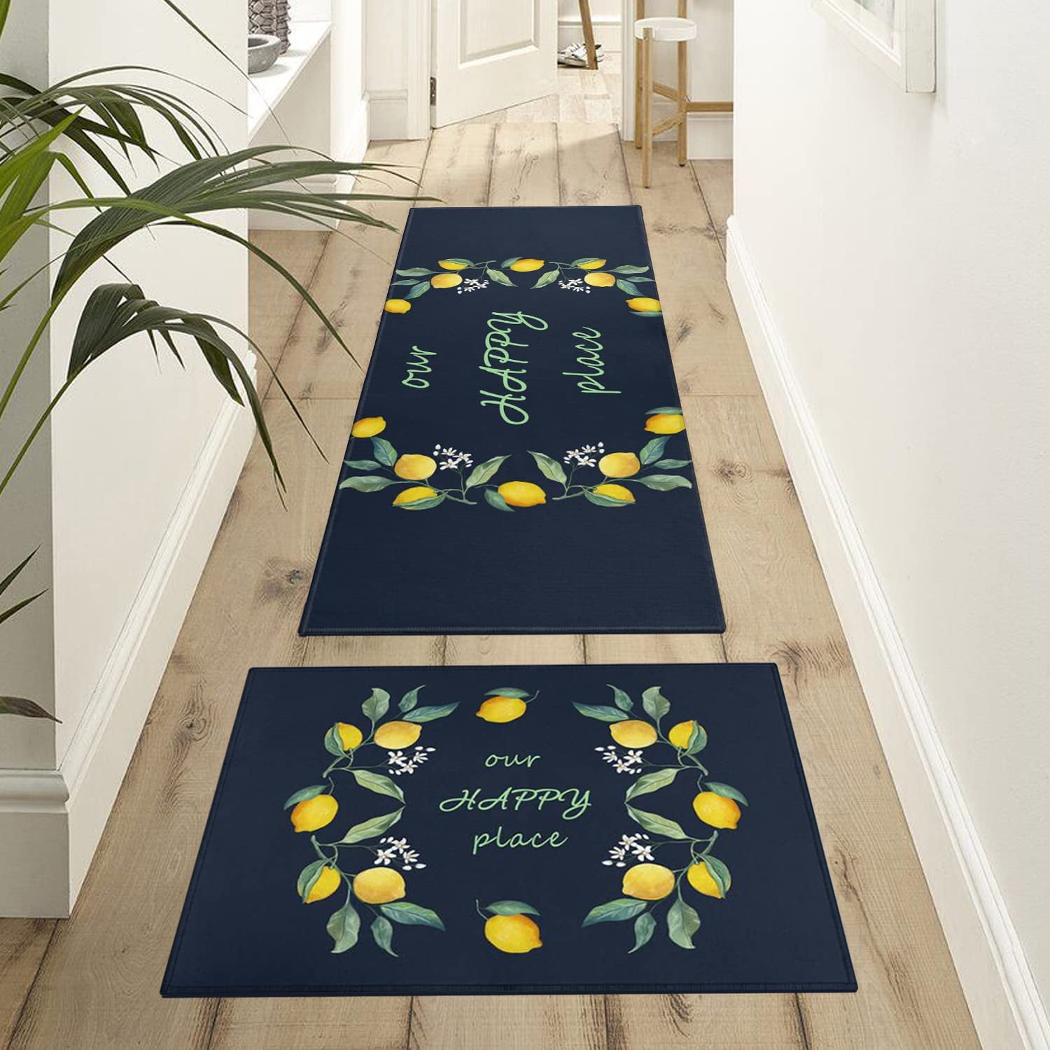 Xsinufn Lemon Kitchen Rugs Set 2 Piece Colorful Spring/Summer Lemon Floral Leaves Decorative Rugs for Kitchen Low-Profile Floor Mats Decorations for Home Kitchen (17"x48"+17"x24" Navy Blue Rugs)