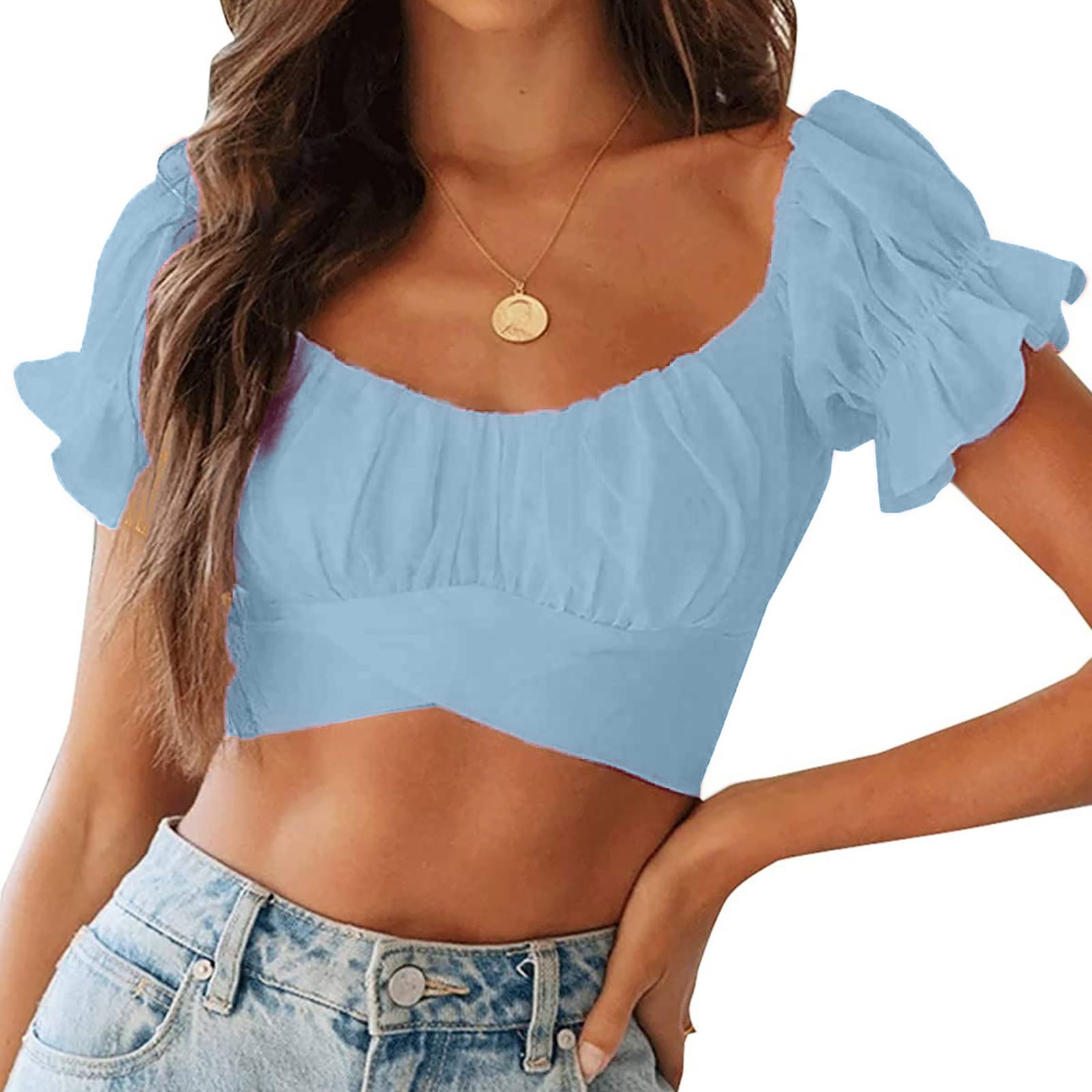 Women's Off Shoulder Crop Top Floral Print Strapless Short Sleeve V Neck Blouses Sexy Crisscross Cropped Tee Shirt - image 4 of 8
