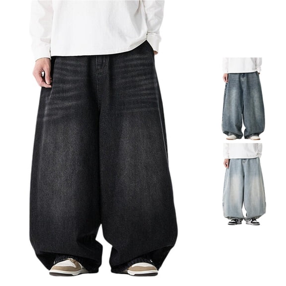 Trendfront Mens Baggy Jeans Elastic Drawstring Waist Wide Leg Full Length Relaxed Fit Casual Denim Pants