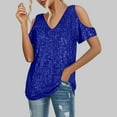 thumbnail image 2 of MIXUE Boho Tops For Women Summer Sequins Solid Color V Neck Short Sleeve Loose Tee Shirts Daily-Wear,Blue,M, 2 of 5