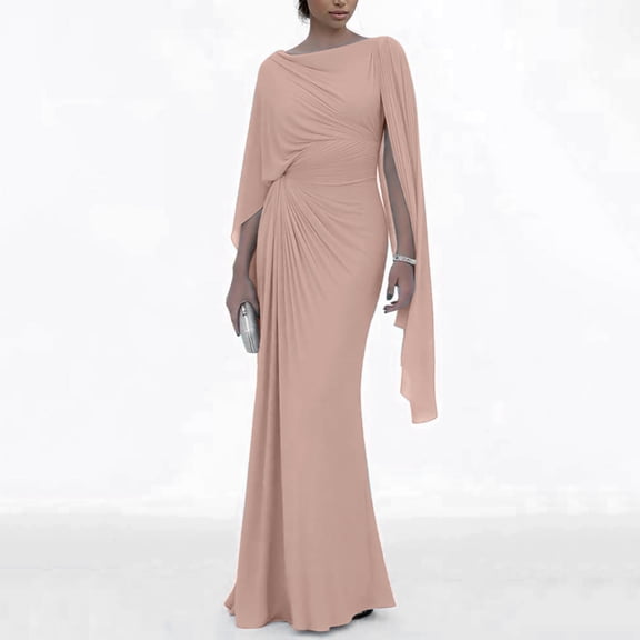 Women's Cape Sleeve Bodycon Maxi Dress, Pleated Solid Color Long Gown, One Shoulder Formal Dress for Wedding Guest, Evening Party and Date Night Beige L