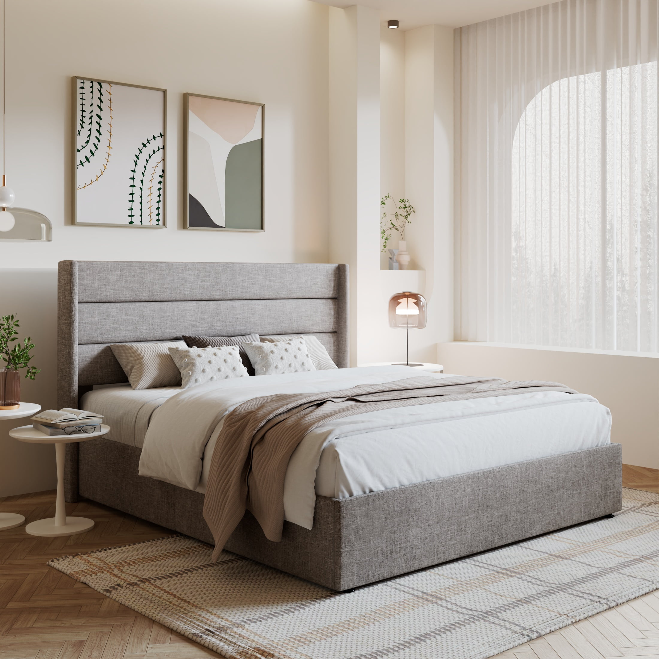 Amolife Full Size Upholstered Lift up Storage Platform Bed Frame with Fabric Panel Wingback Headboard, Beige