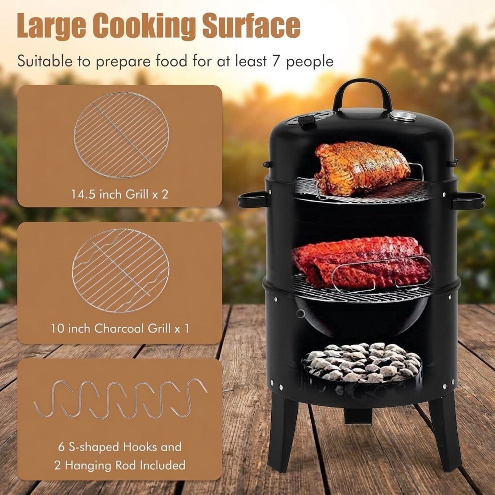 Biotree 3-in-1 Charcoal BBQ Grill Cambo with Built-in Thermometer Outdoor Cooking Patio Summer Party